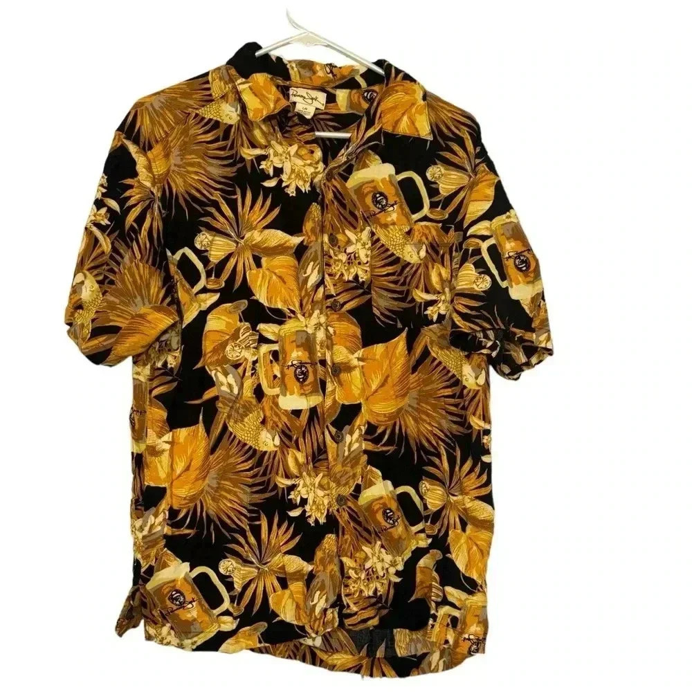 Men's Panama Jack Button Down Hawaiian Shirt Size Large Beer Parrot